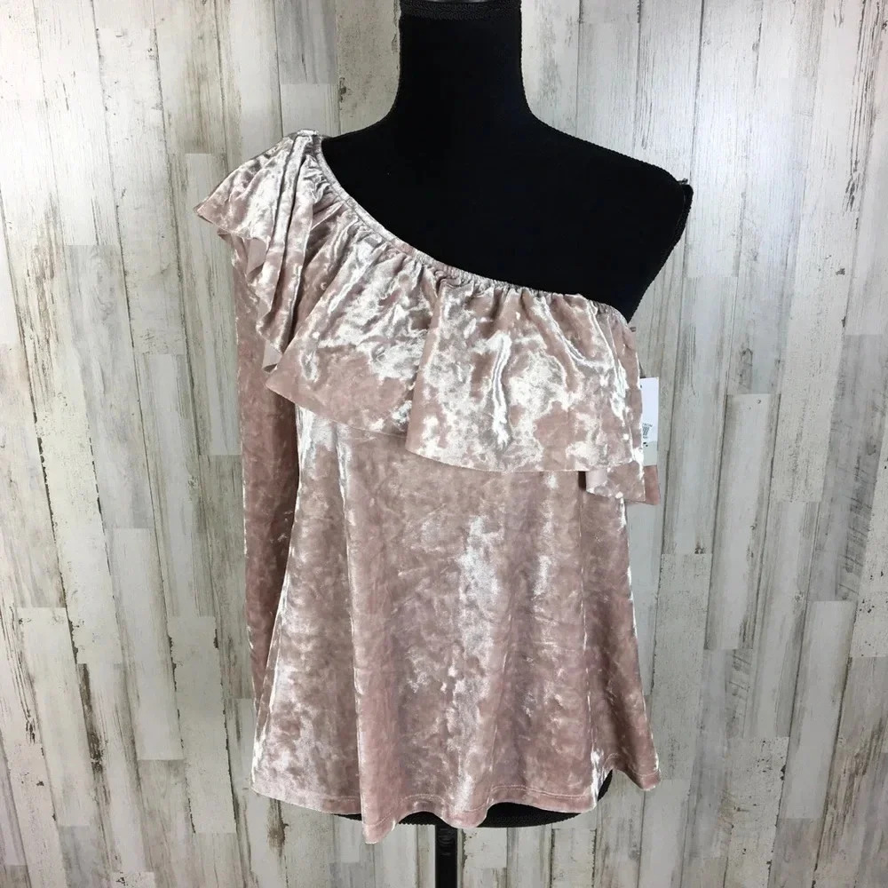 BP One-Shoulder Velour Blush Top Ruffle Pink NWT